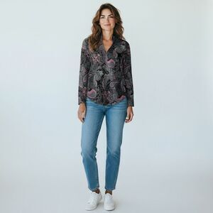 Red Hot V Neck Paisley Black Purple Gray Pink 70s Long Sleeve Blouse size M